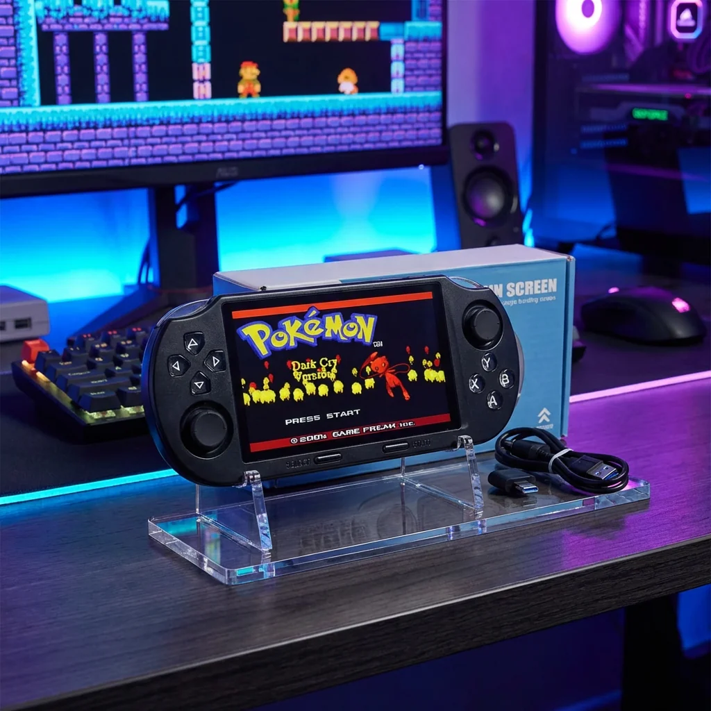 Consola portátil negra con juego en pantalla y accesorios