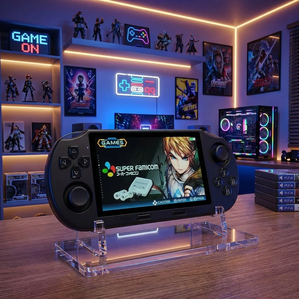 Consola portátil negra en soporte acrílico en una sala gamer